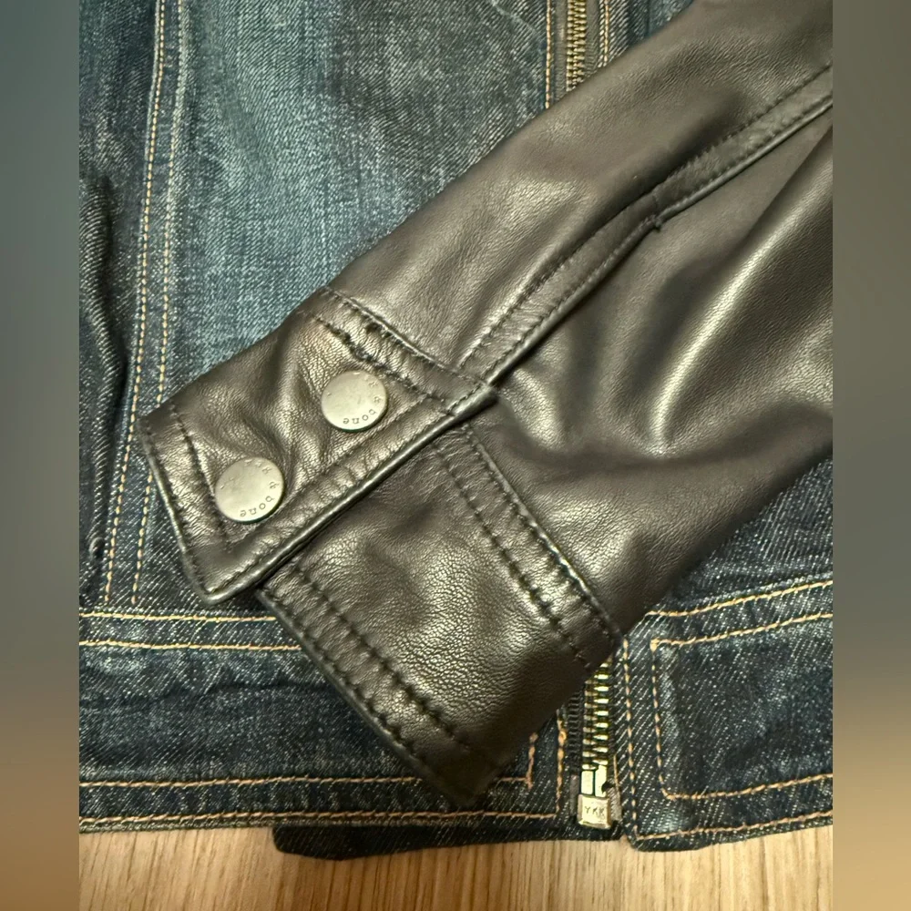 Rag & Bone Zip Front Leather Sleeve Moto Dark Denim Jean Jacket - Picture 6 of 10